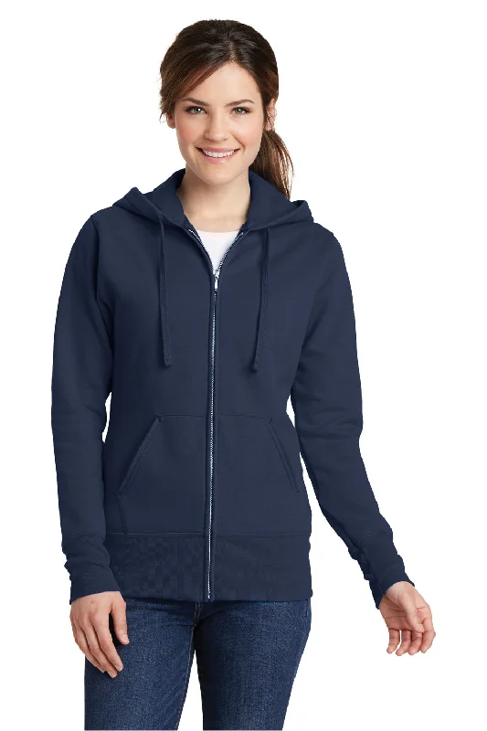 Port & Company Womens Core Pill Resistant Fleece Full Zip Hooded Sweatshirt Hoodie - Navy Blue