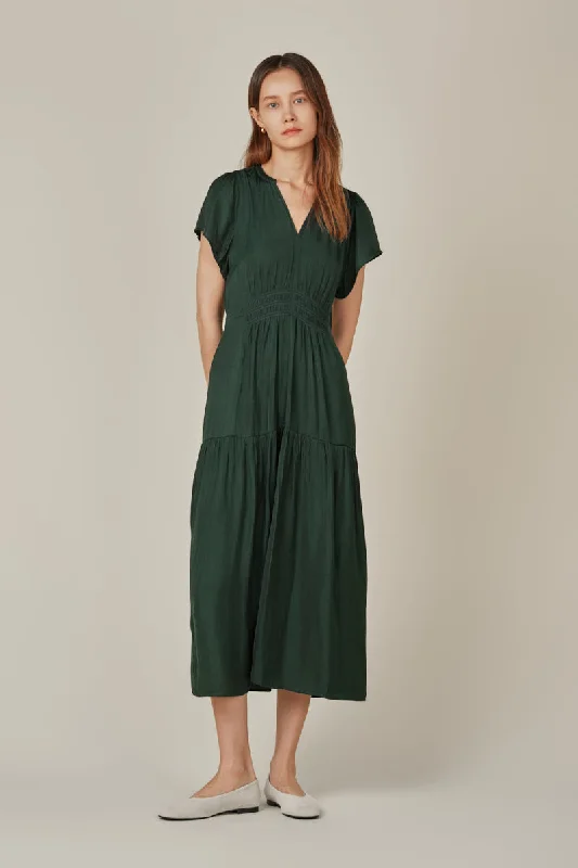 Ruffled Satin Midi Dress in Deep Emerald