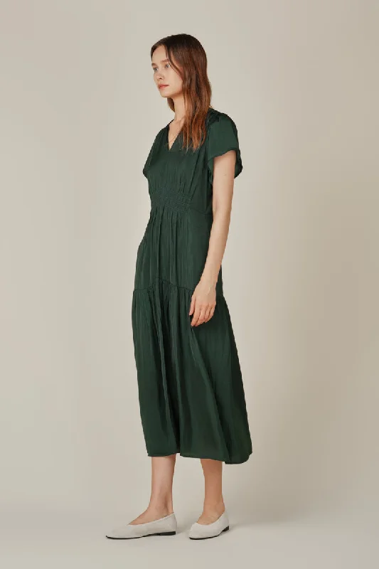 Ruffled Satin Midi Dress in Deep Emerald