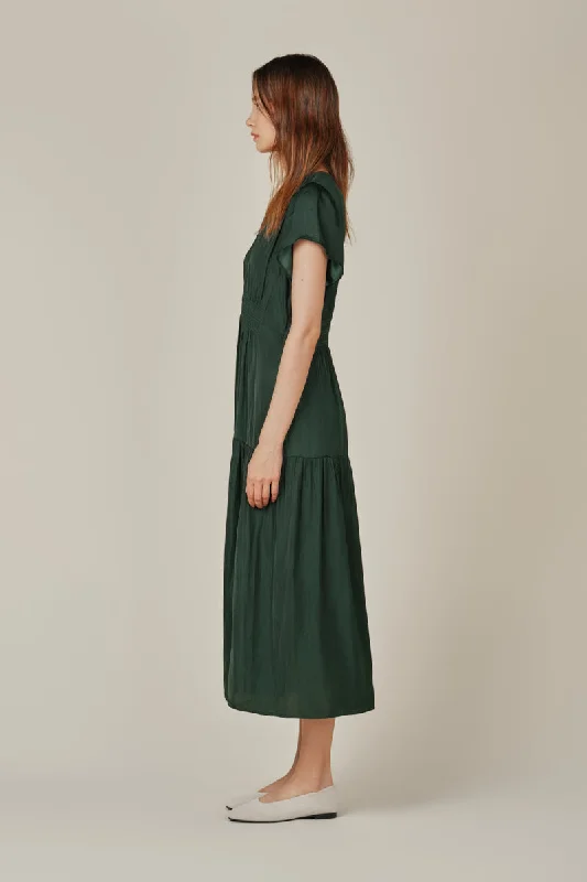 Ruffled Satin Midi Dress in Deep Emerald