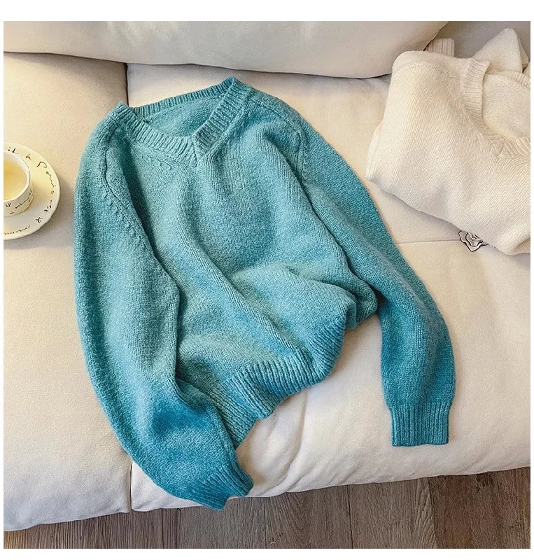 Solid color V-neck sweater for women new design long-sleeved sweater   S4890