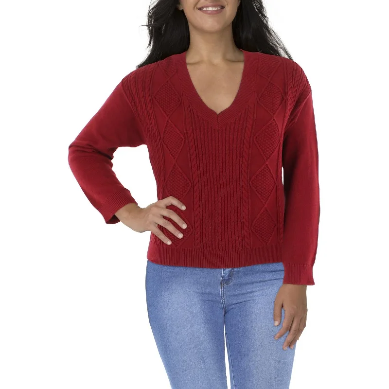 Tommy Jeans Womens Cable Knit Ribbed Trim V-Neck Sweater