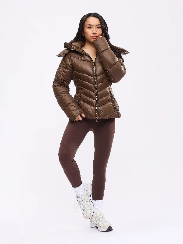 Waist Taper Puffer Jacket - Dark Brown