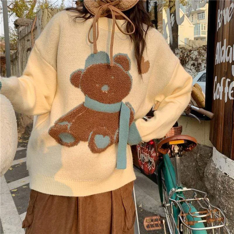 Women's Cute Polar Fleece Bear Knitted Sweater