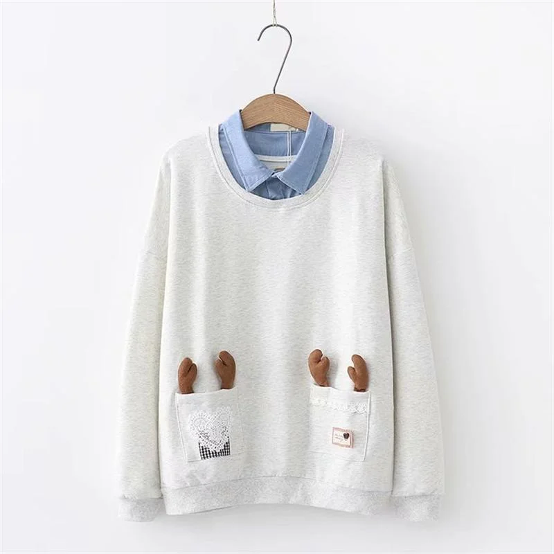 Women's Kawaii Antler Pockets Pure Color Loose Sweaters