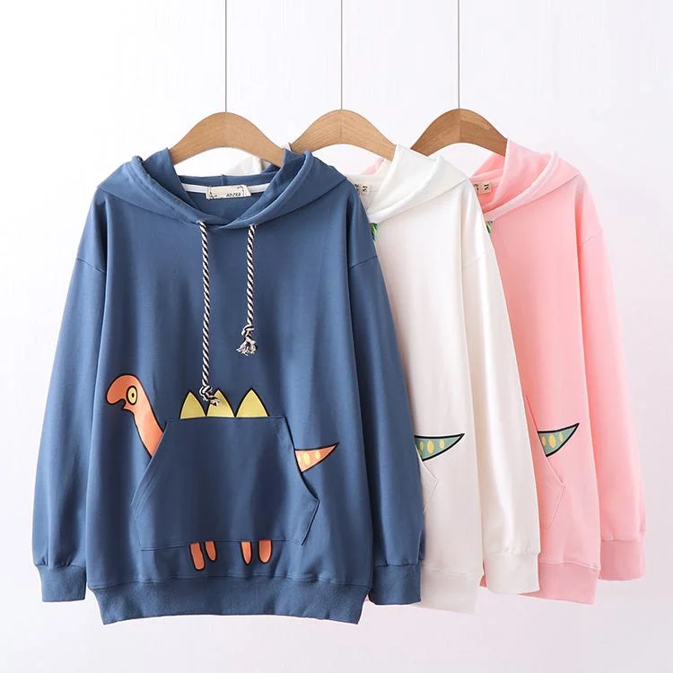 Women's Kawaii Dinosaur Printed Pocket Loose Hoodies