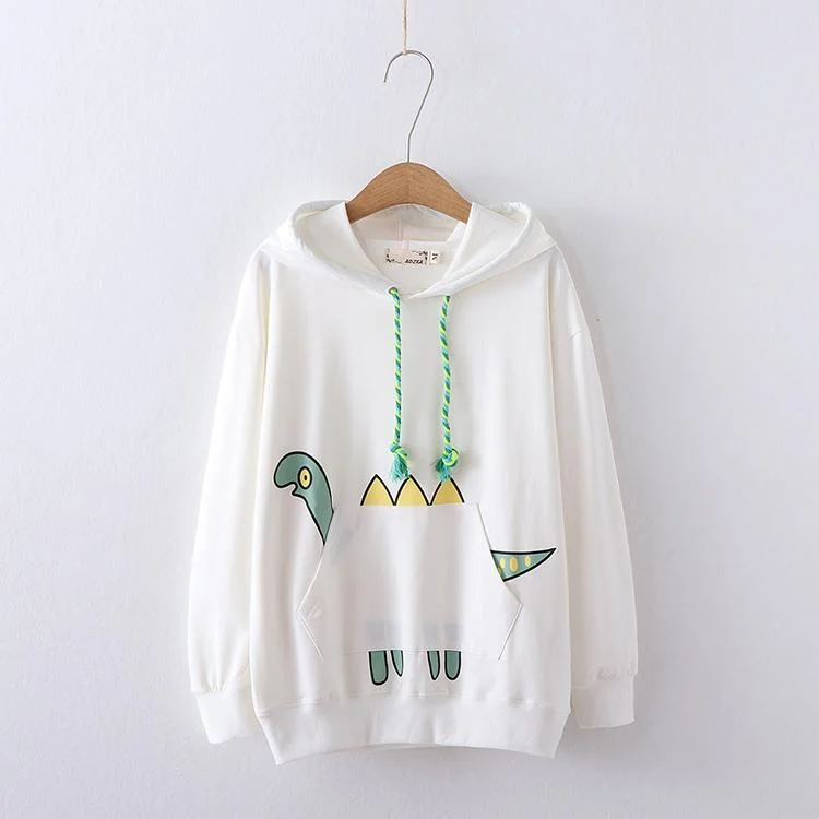 Women's Kawaii Dinosaur Printed Pocket Loose Hoodies