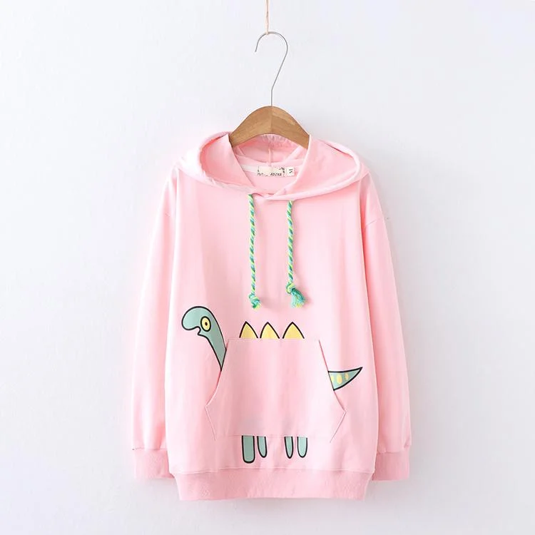 Women's Kawaii Dinosaur Printed Pocket Loose Hoodies