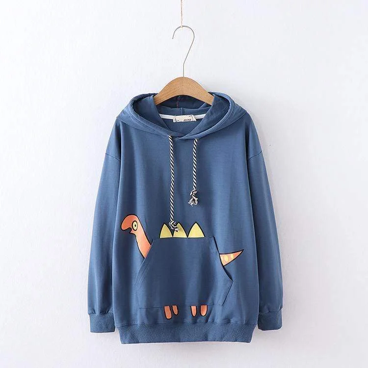 Women's Kawaii Dinosaur Printed Pocket Loose Hoodies