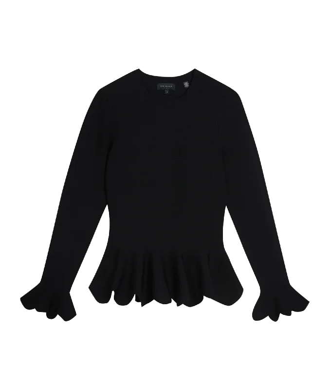 Lillyyy Long Sleeve Scalloped Peplum Top - Black