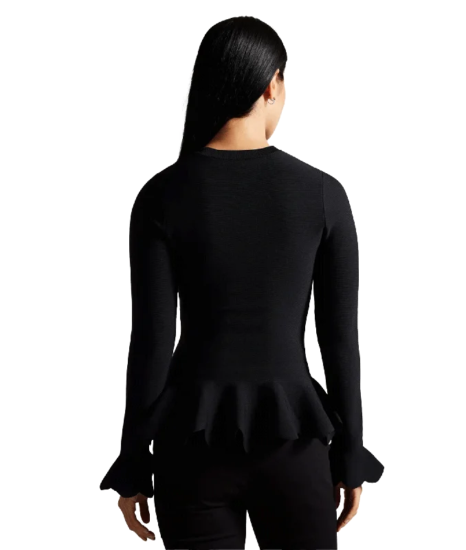 Lillyyy Long Sleeve Scalloped Peplum Top - Black