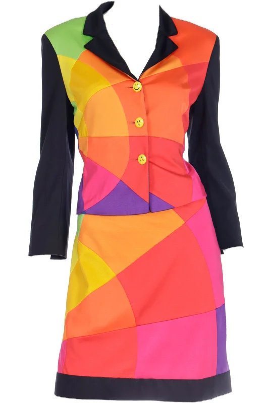 1990s Moschino Vintage Rainbow Color Block Jacket & Skirt Suit The Nanny