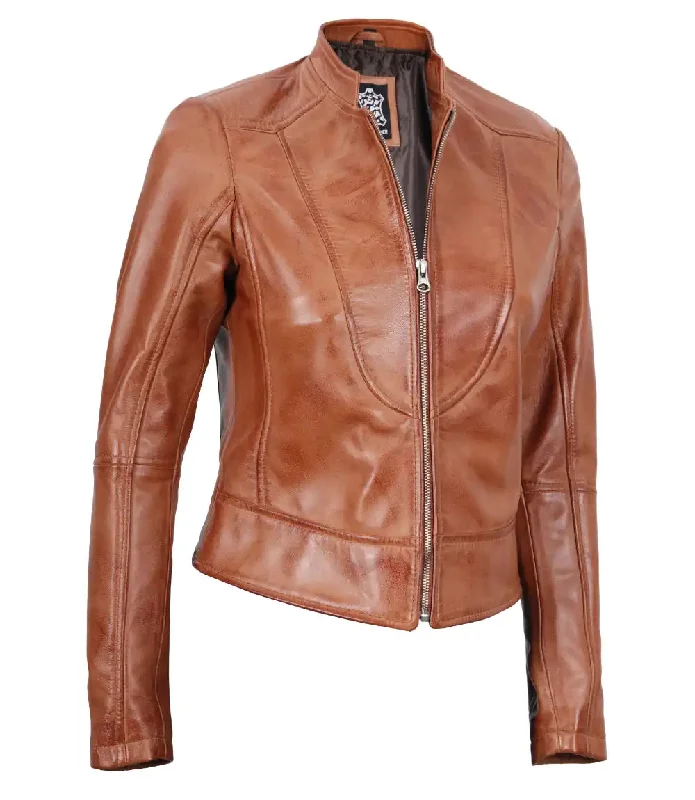 Amy Petite Womens Motocycle Tan Leather Jacket