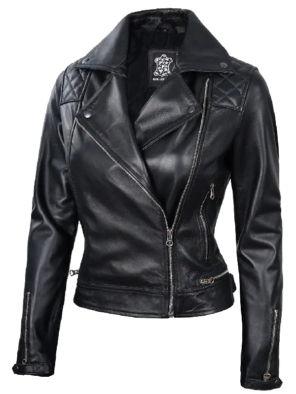 Asti Women Black Quilted Asymmetrical Leather Jacket