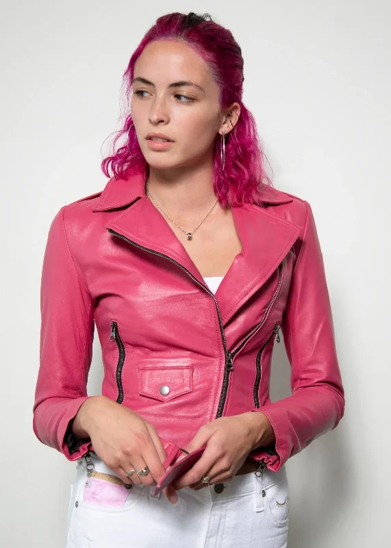 WOMENS STYLISH PINK BIKER LEATHER JACKET