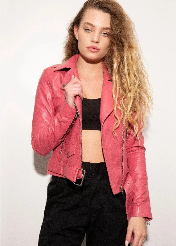 WOMENS STYLISH PINK BIKER LEATHER JACKET