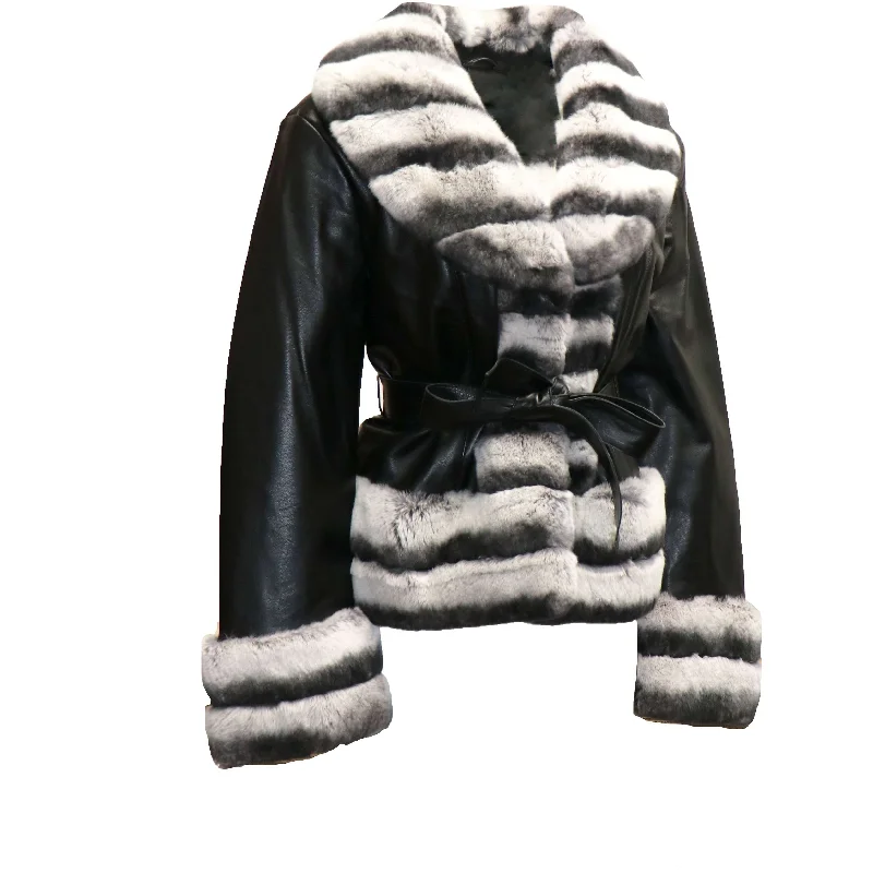 BARYA NEW YORK Women's Rex Rabbit Fur Trim Leather Jacket