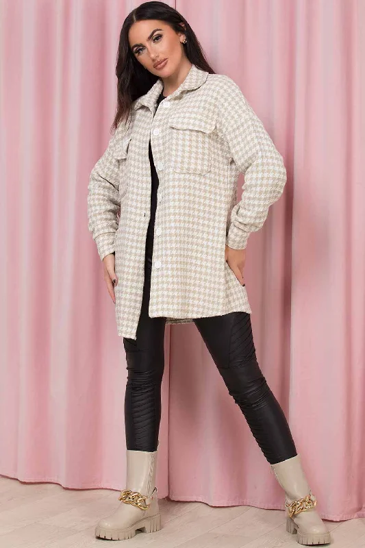 Beige Dogtooth Shacket Oversized Jacket