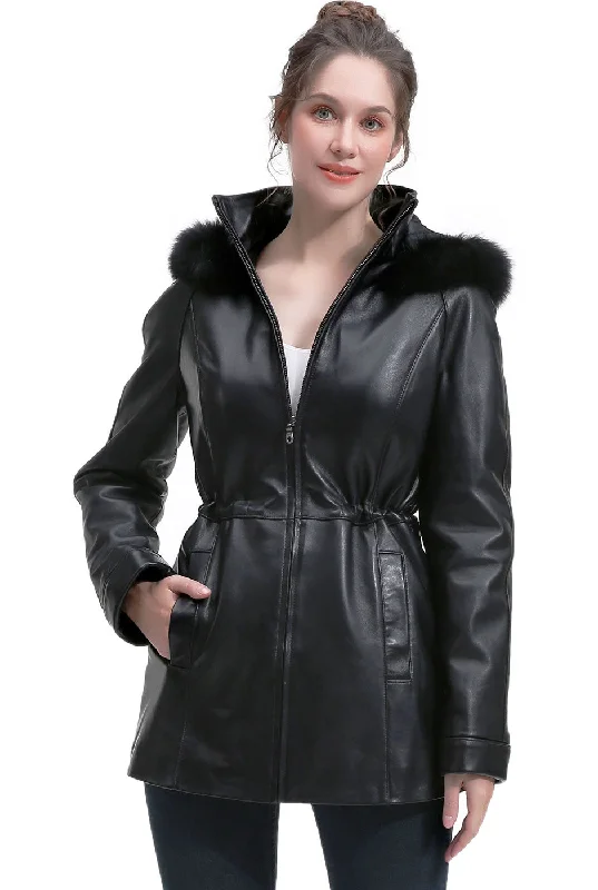 BGSD Women Uzima Lambskin Leather Hooded Parka Coat