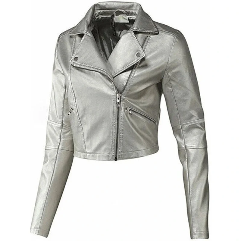 Biker Style Silver Leather Jacket For Women