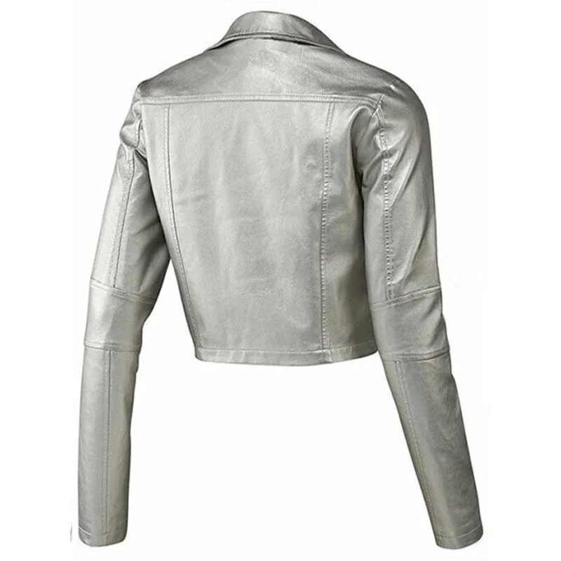 Biker Style Silver Leather Jacket For Women