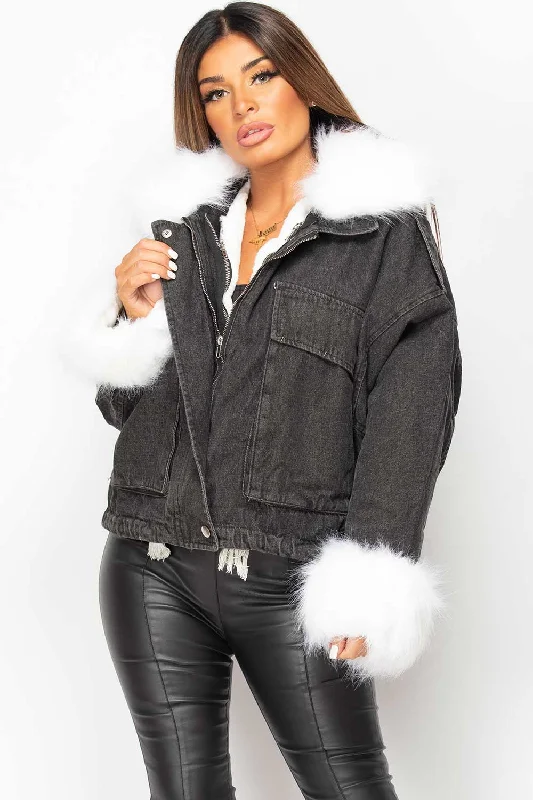 Black Denim Oversized Jacket With White Faux Fur