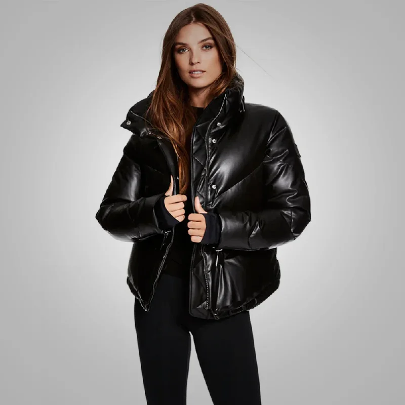 Black Women Sheepskin Bubble V-Bomber Leather Jacket