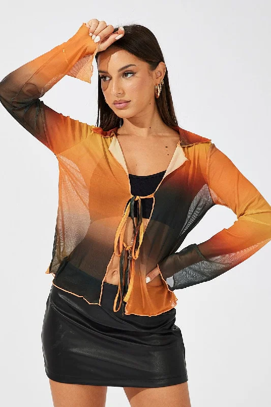 Brown Abstract Mesh Cardigan Long Sleeve