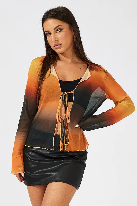 Brown Abstract Mesh Cardigan Long Sleeve