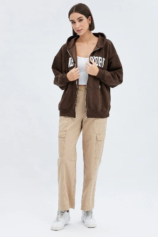 Brown Zip Hoodie Long Sleeve New York Applique