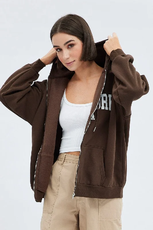 Brown Zip Hoodie Long Sleeve New York Applique