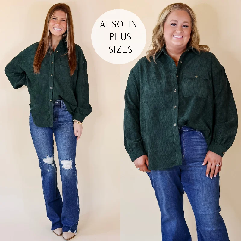 All Dolled Up Button Up Corduroy Shacket in Forest Green