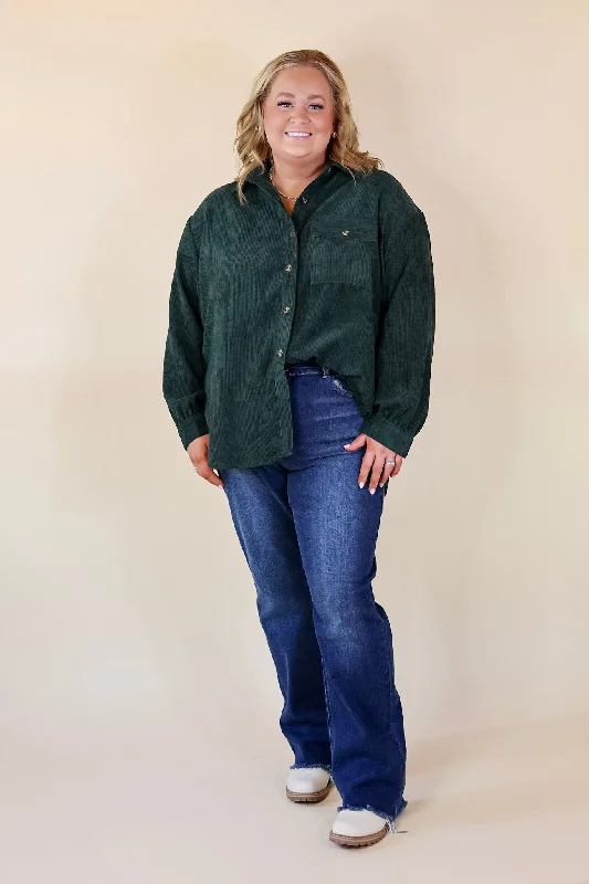 All Dolled Up Button Up Corduroy Shacket in Forest Green