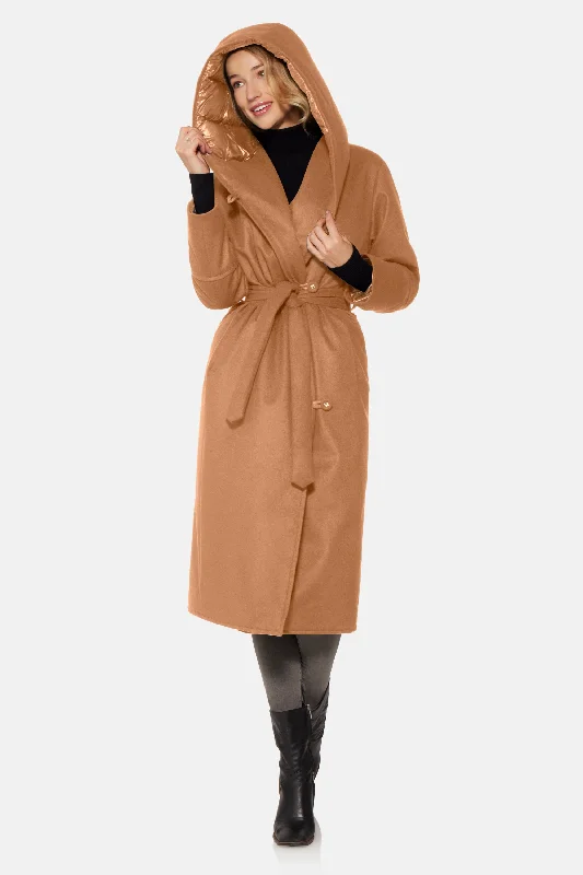 Long Hooded Wrap Coat, Camel