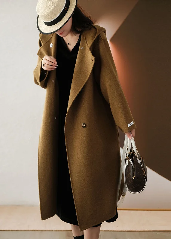 Coffee Woolen Coat Outwear Hooded Double Breast Winter