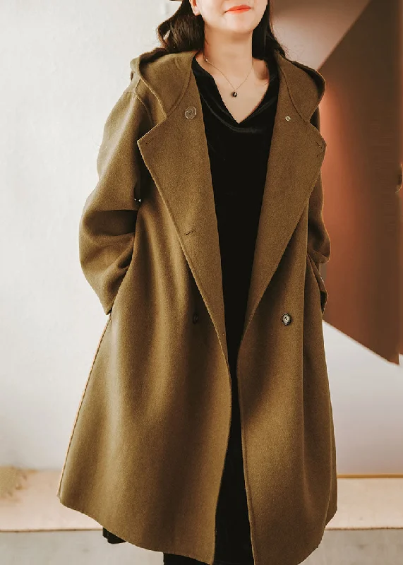 Coffee Woolen Coat Outwear Hooded Double Breast Winter