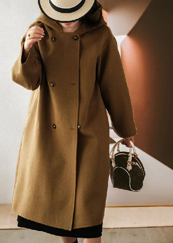 Coffee Woolen Coat Outwear Hooded Double Breast Winter