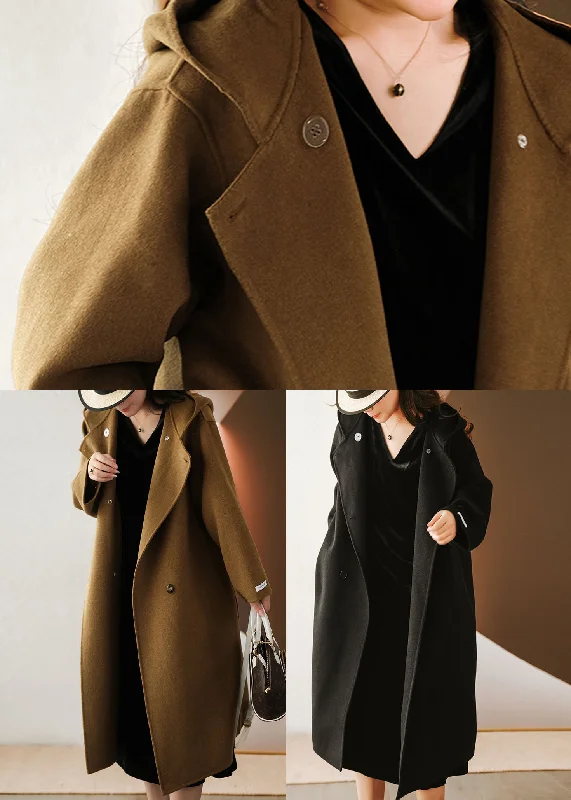 Coffee Woolen Coat Outwear Hooded Double Breast Winter