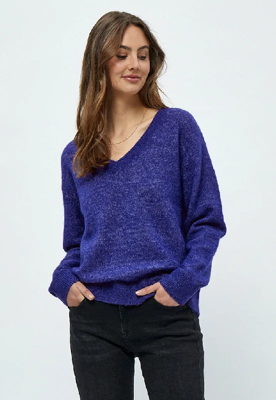 MSDita V-neck Knit Pullover - Royal Blue Melange