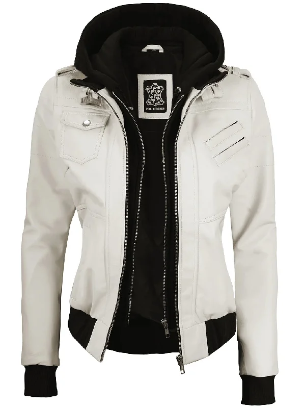 Edinburgh Off White Hooded Leather Bomber Jacket