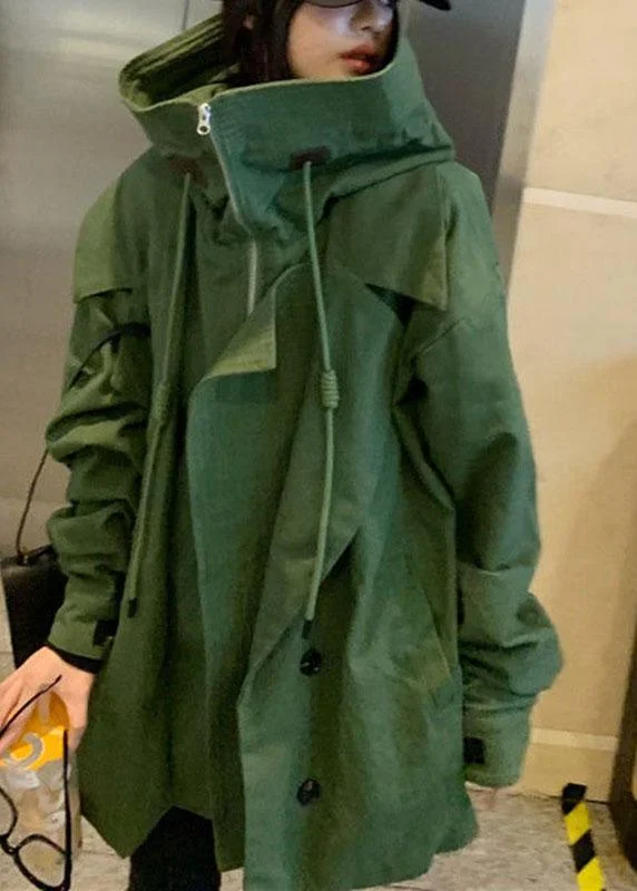 Elegant Green Loose zippered Pockets Casual Fall Coat