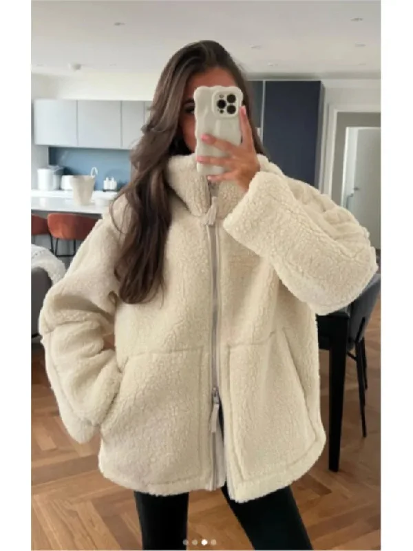 Elegant Solid Lamb Wool Warm Coat Women Fashion With Pocket Zipper Long Sleeves Jackets 2023 Autumn Casual High Street Outwear