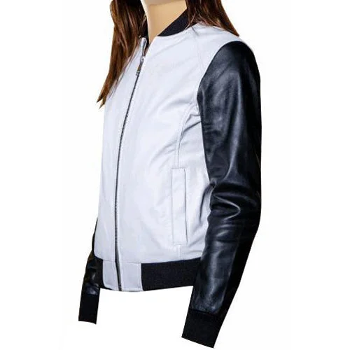 Enya’s Black and White Collarless Leather Jacket