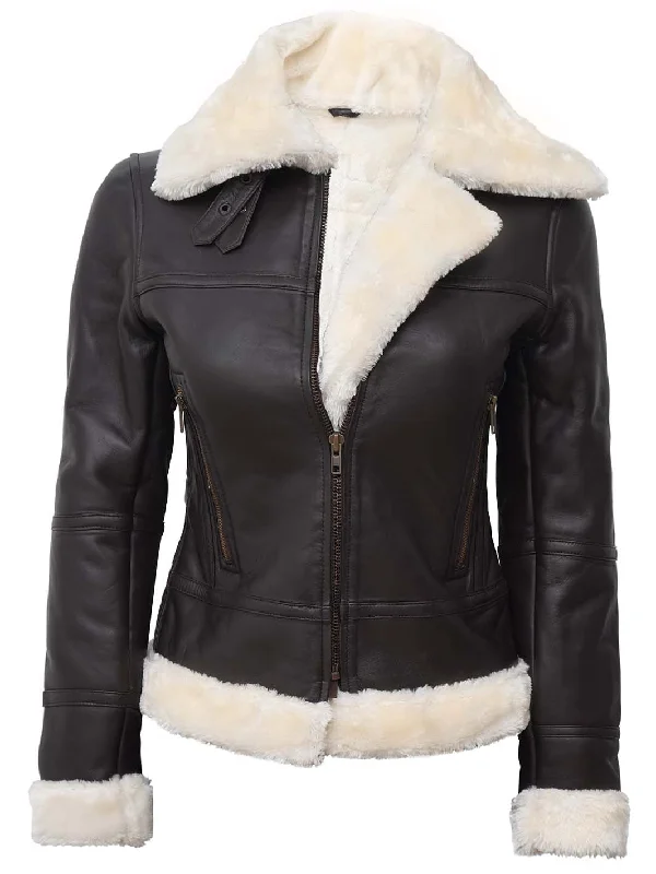 Frances Dark Brown Real Leather Shearling Bomber Jacket