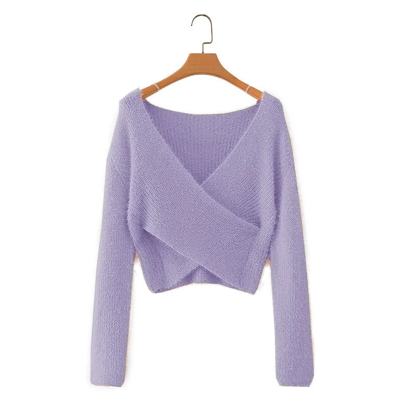 Furry Cross V-Neck Long-Sleeved Crop Top Sweater