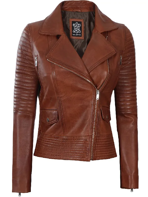 Gal gadot Womens Asymmetrical Cognac Wax Motorcycle Leather Jacket