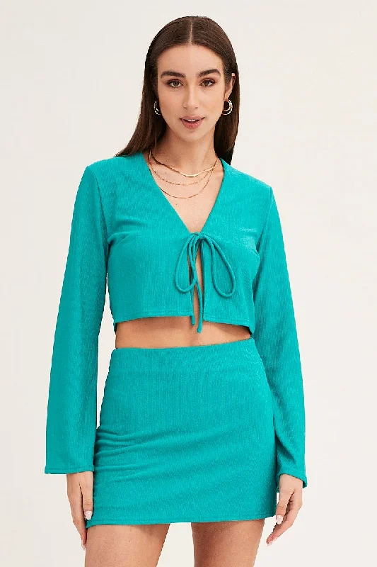 Green Long Sleeve Tie Front Textured Tie Top