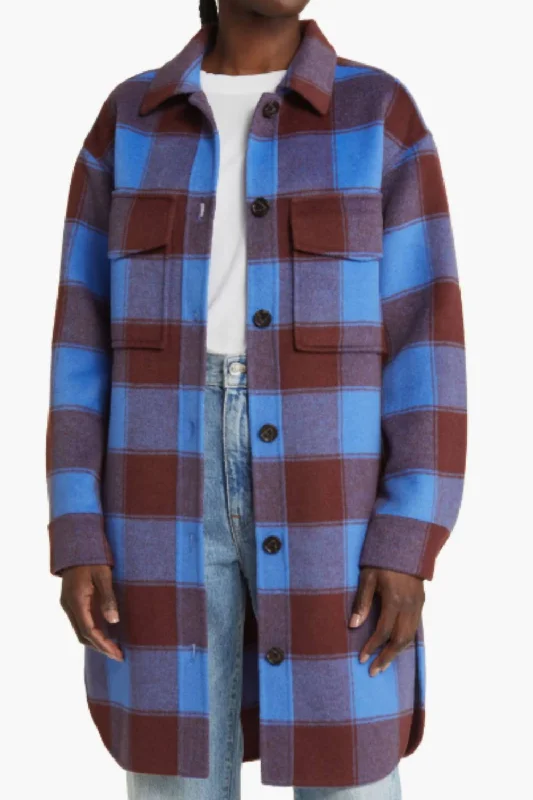 Jaro Buffalo Plaid Wool Blend Coat In Cobalt Chocolate/brown