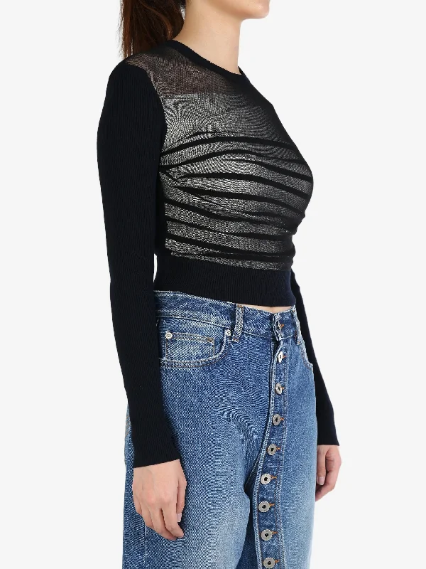 JEAN PAUL GAULTIER Women Mesh Layer Crewneck Ribbed Mariniere Pullover