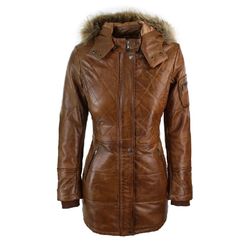 Women's Tan Brown Fur Hooded Parka Leather Jacket Winter Coat